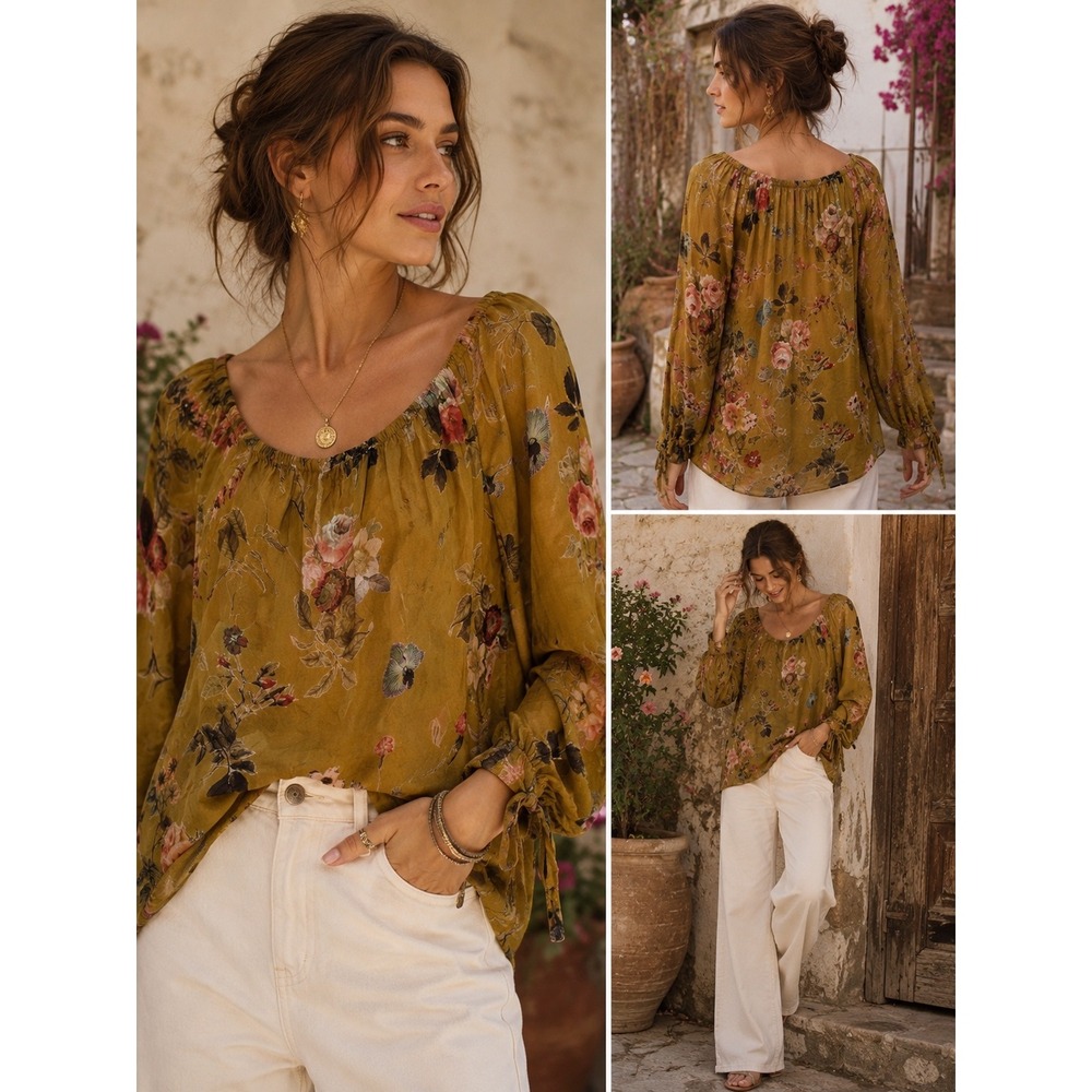Belle France Italian Silk‎ Floral Peasant Blouse L Boho Romantic Cottagecore Top